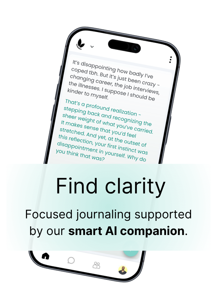 Showcasing the Natality app's journaling feature and smart AI companion on an iOS device.