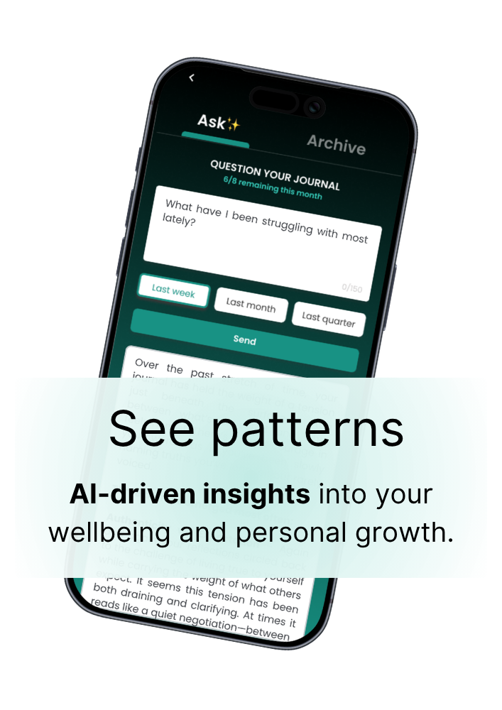 Showcasing the Natality app's AI insights feature and on an iOS device. This feature allows users to ask questions of their journaling history.