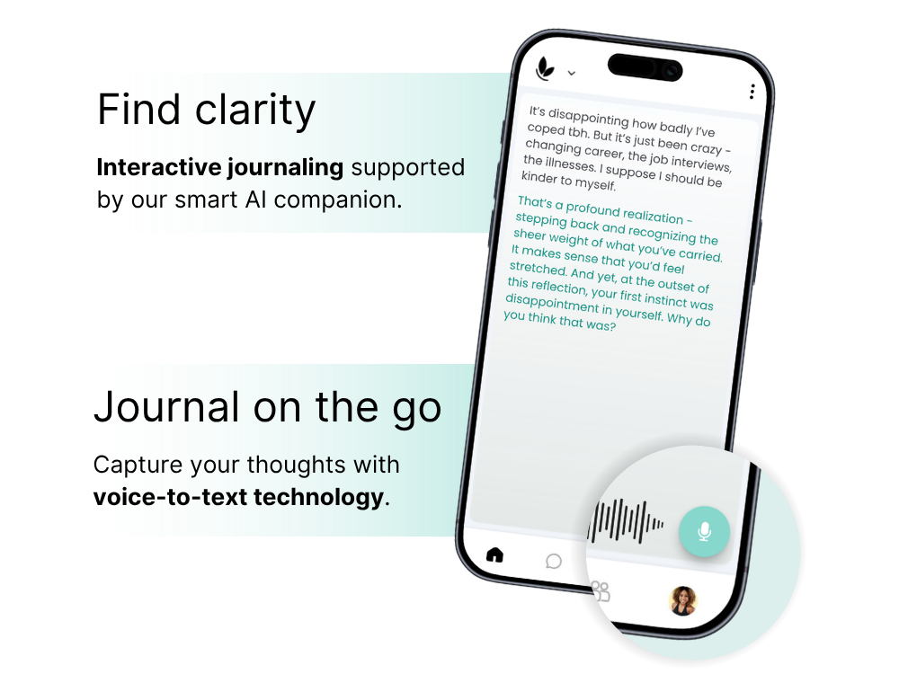 Showcasing the Natality app's journaling feature and smart AI companion on an iOS device.