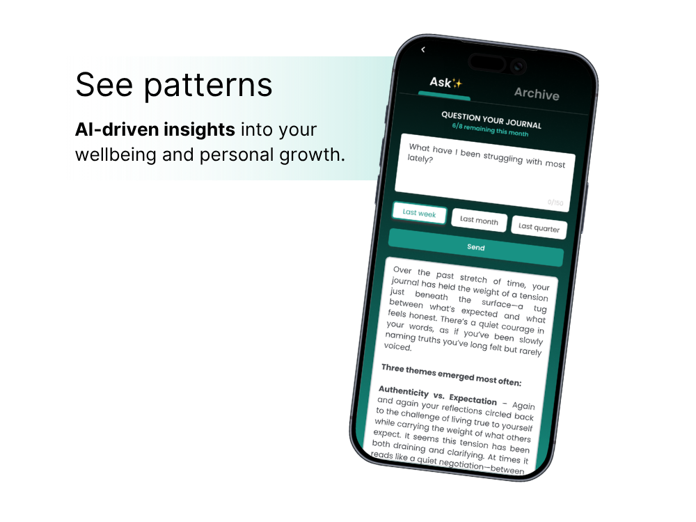Showcasing the Natality app's AI insights feature and on an iOS device. This feature allows users to ask questions of their journaling history.