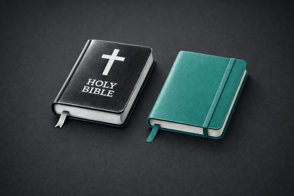 A bible and journal against a dark backdrop