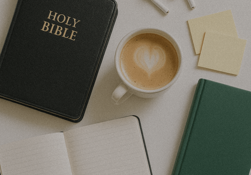 Christian journaling at a busy work desk