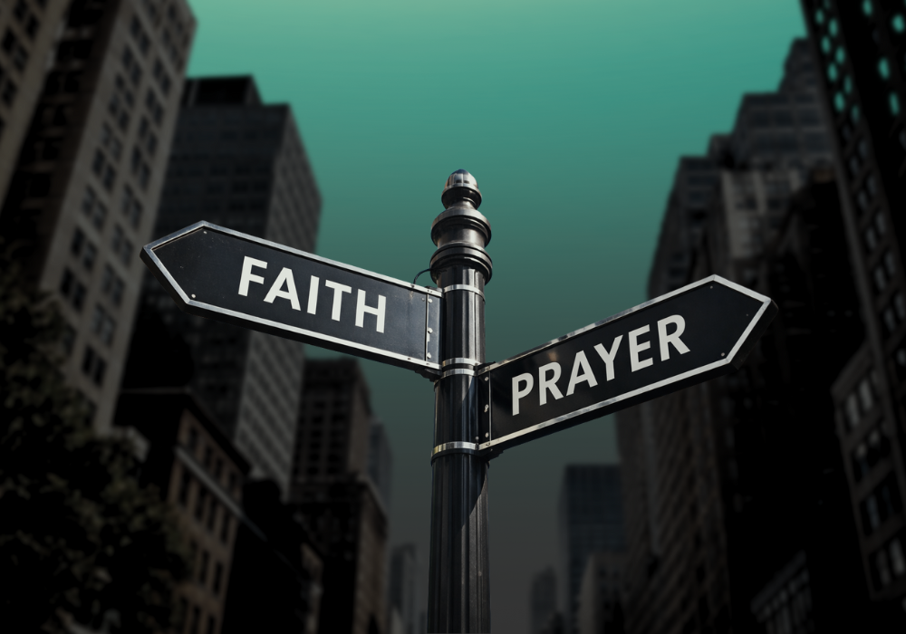 Signpost for faith and prayer in a stylised urban environment