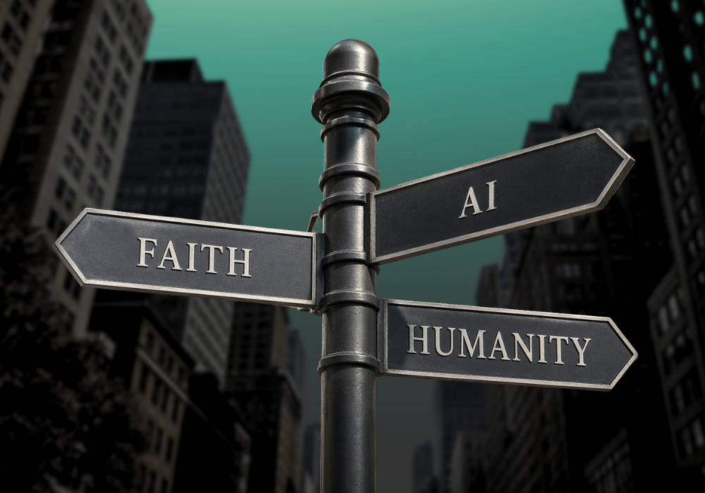 Signpost of AI, faith and humanity in an atmospheric city street